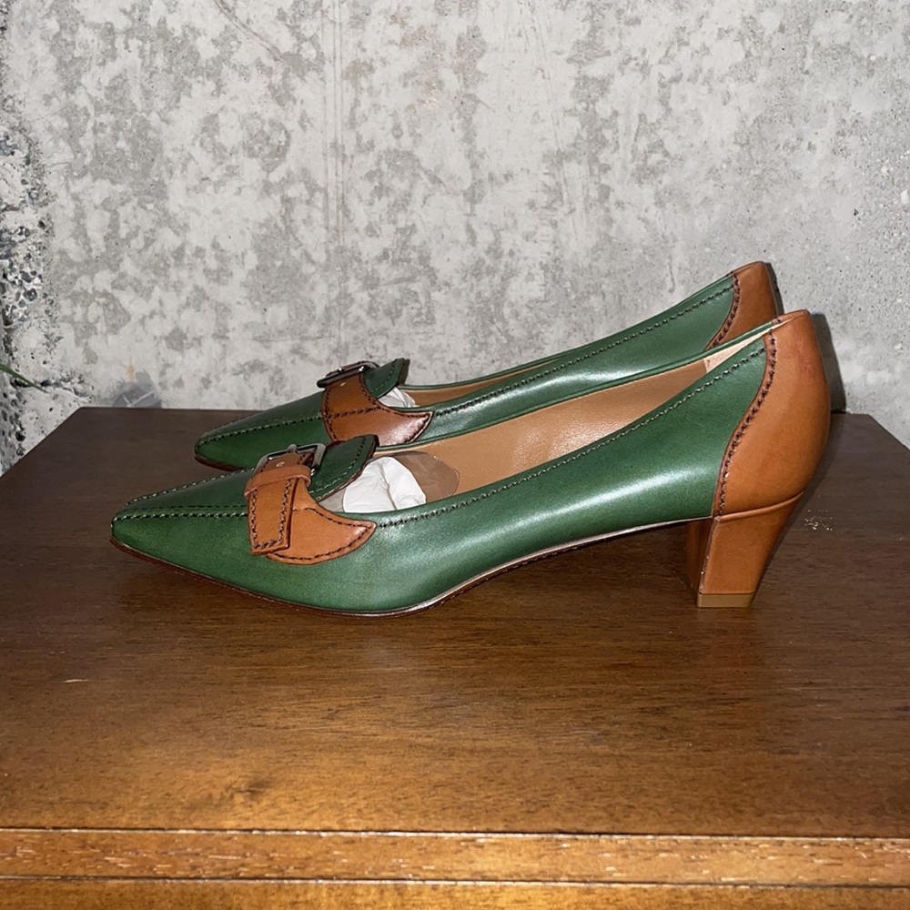Prada Vero Cuoio Kitten Heels Green and Brown with Buckle Never Worn - Picture 6 of 6